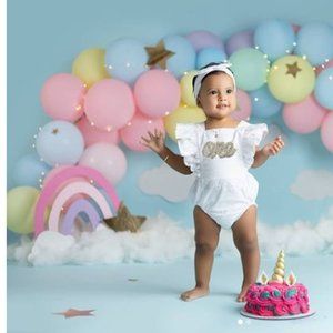 White Romper Smash Cake Outfit First Birthday Dress Clothes One Bodysuit bubble